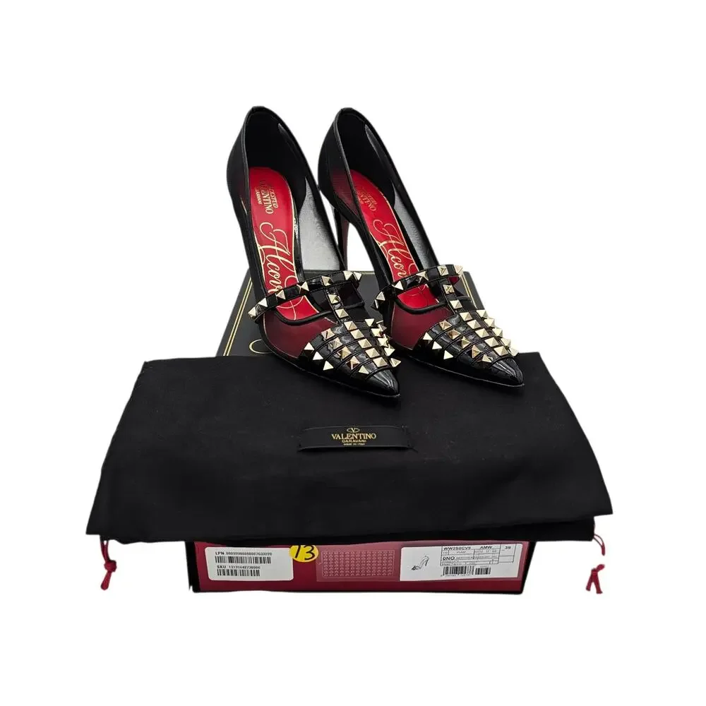 Valentino Garavani Rockstud Alcove Black Patent Leather Mesh Pump Heel Size 39 9